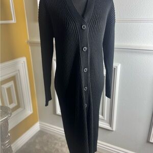 Black Ribbed Button-Up Cardigan Dress